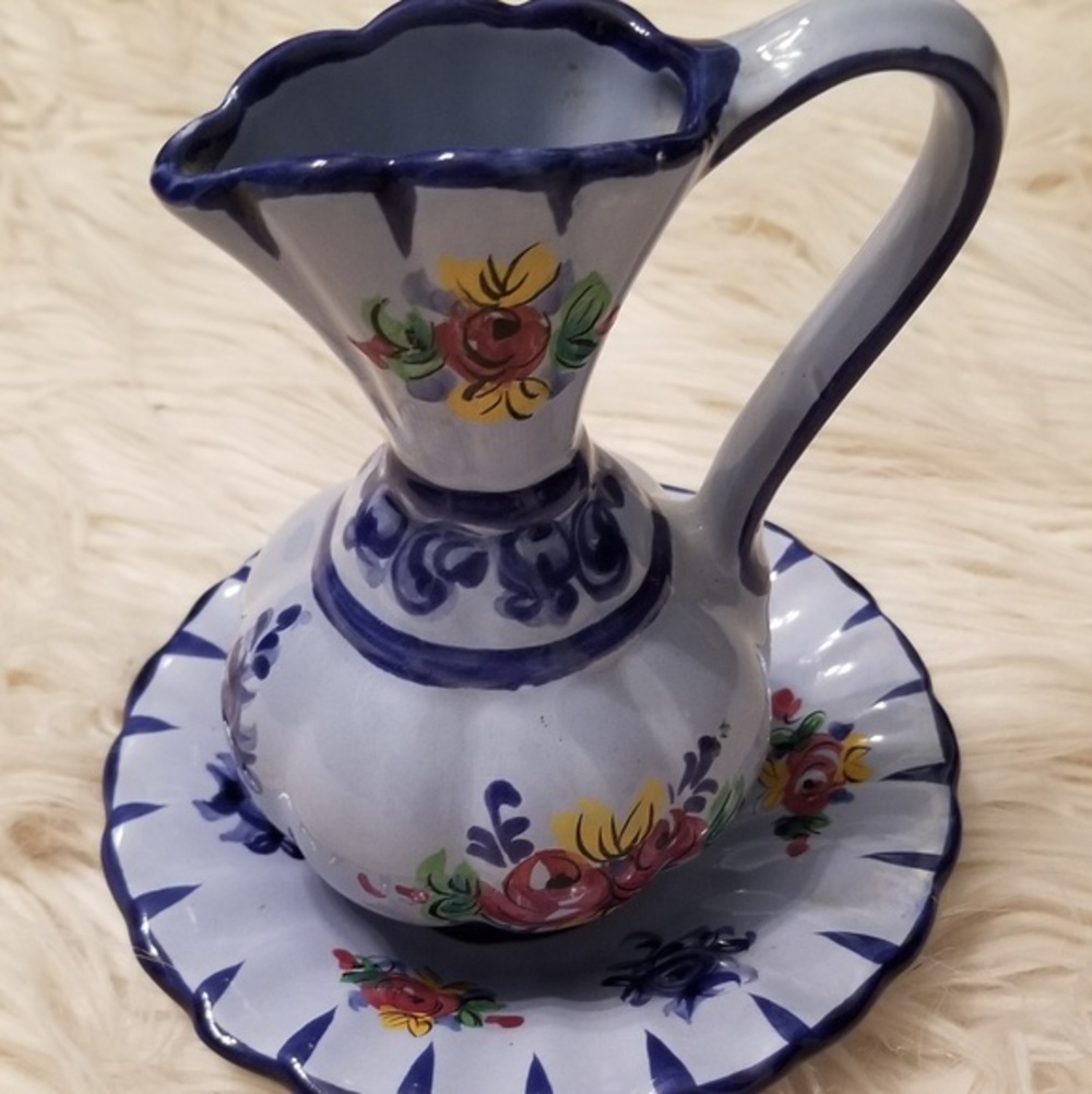 Vintage Hand Painted Pitcher Vase & plate